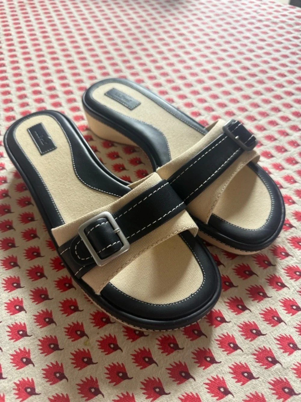 Never worn L.L. Bean Beige and Black Buckle Slide Mules - Picture 2 of 7